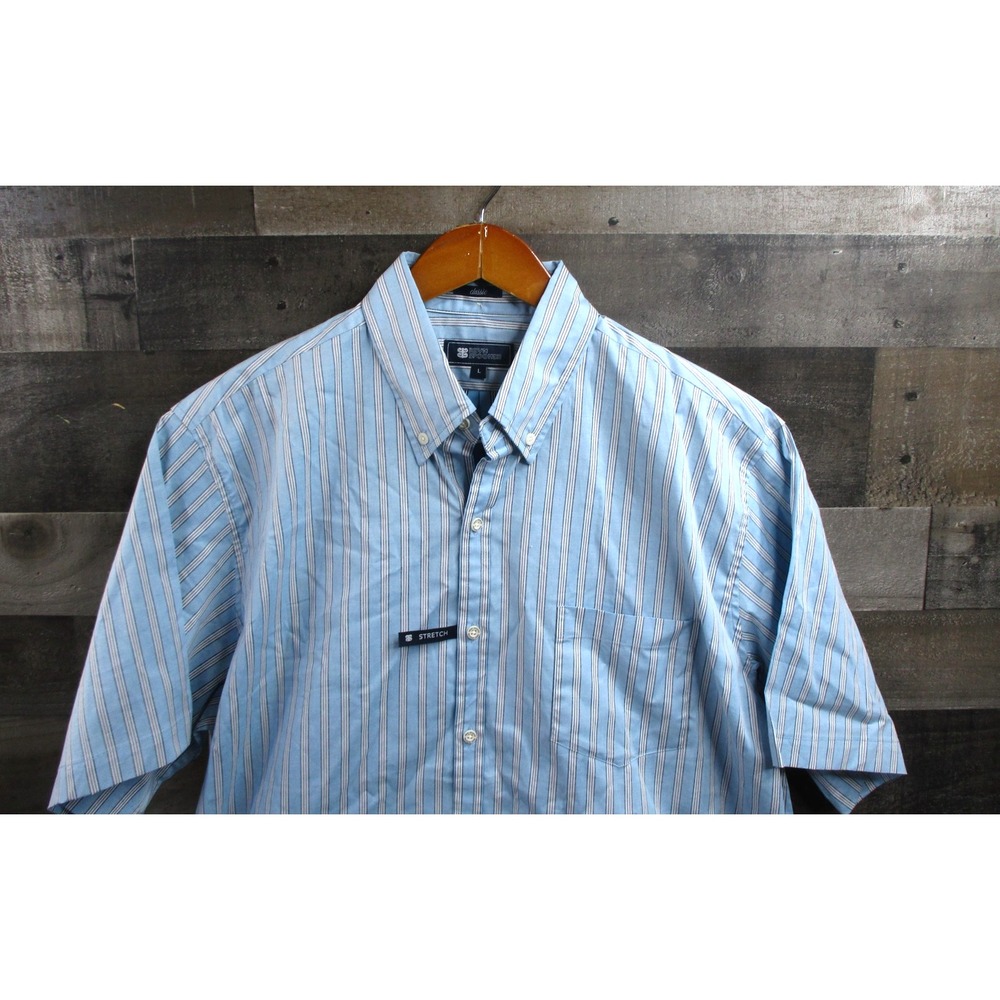 Reyn Spooner Shirt Mens Large Blue Striped Short Sleeve Button Down Stretch